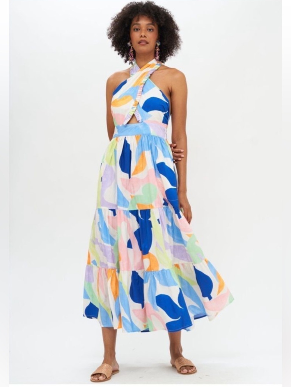 Oliphant Multicolor Abstract Print Halter Midi Dress